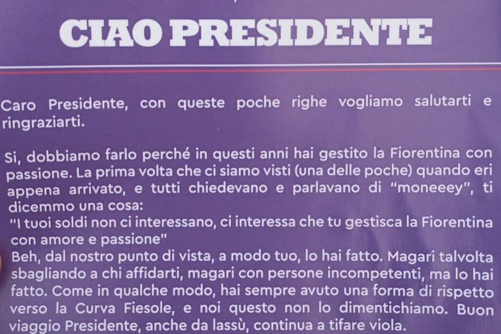 Commisso, l’omaggio della Curva Fiesole: «Hai gestito la Fiorentina con passione»