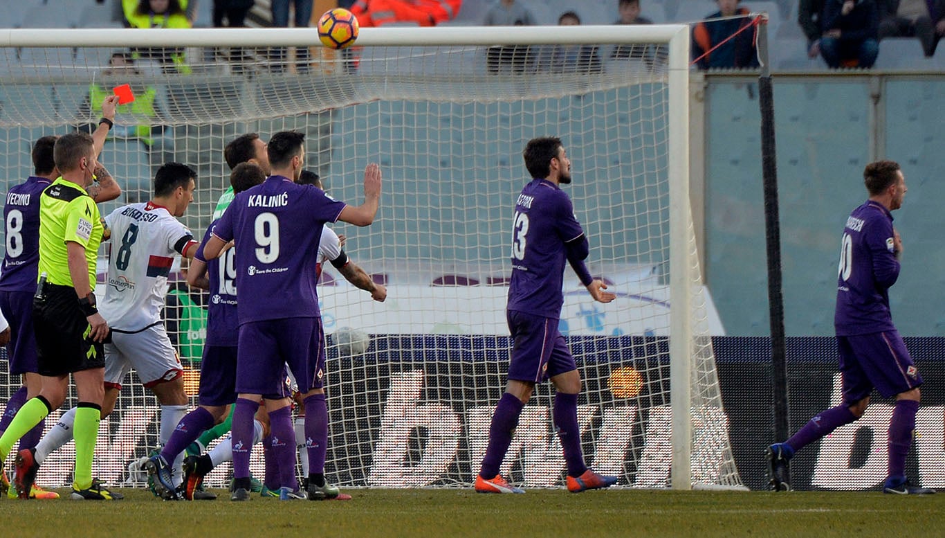 FIORENTINA-GENOA 29-01-2017. L'ARBITRO ORSATO ESPELLE FEDRICO BERNARDESCHI. GALASSI SILVANO