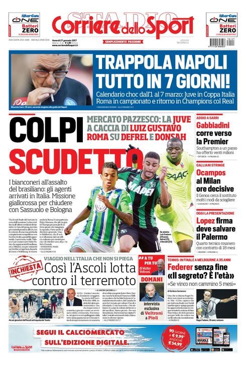Quotidiani: la prima pagina di Qs, Stadio, Gazzetta, Corriere dello Sport, Tuttosport