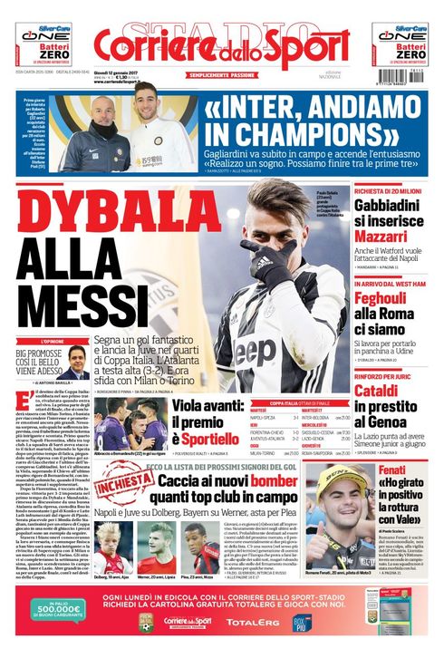 Quotidiani: la prima pagina di Qs, Gazzetta, Stadio, Corriere dello Sport, Tuttosport