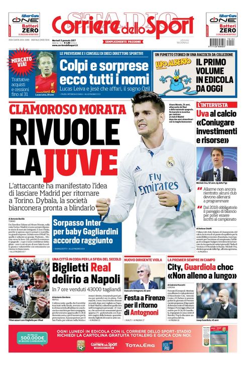 Quotidiani: la prima pagina di Qs, Stadio, Gazzetta, Corriere dello Sport e Tuttosport
