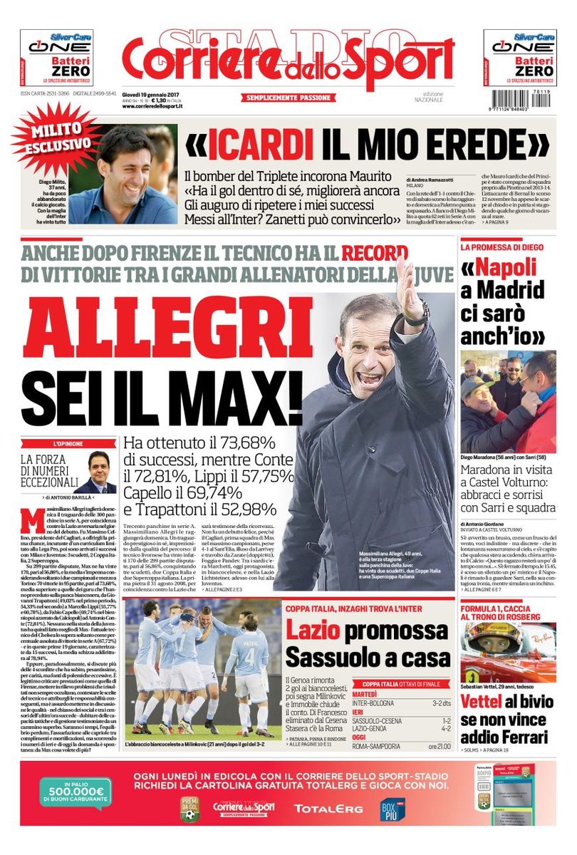 Quotidiani: la prima pagina di Qs, Stadio, Corriere dello Sport, Gazzetta e Tuttosport