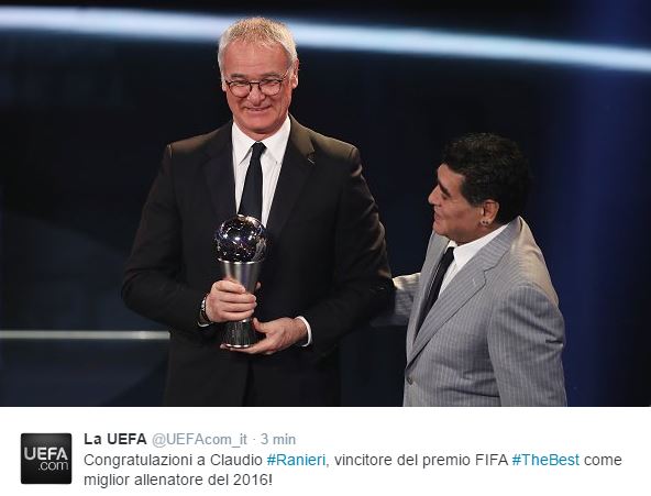 Ranieri eletto dalla Fifa miglior allenatore 2016. Ronaldo miglior giocatore