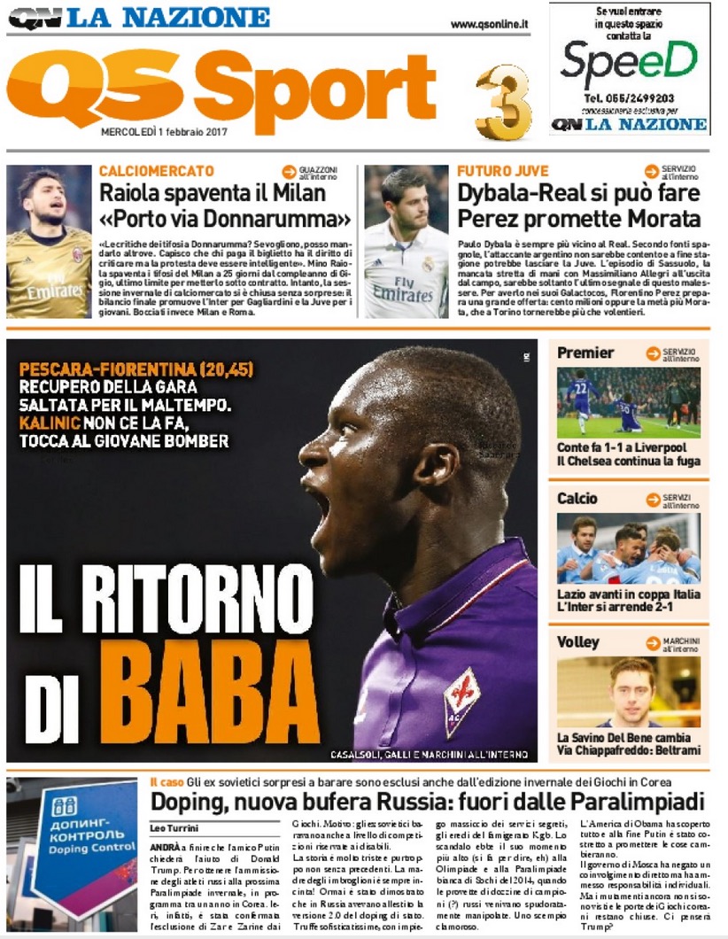 Quotidiani: la prima pagina di Qs, Stadio, Gazzetta, Corriere dello Sport, Tuttosport