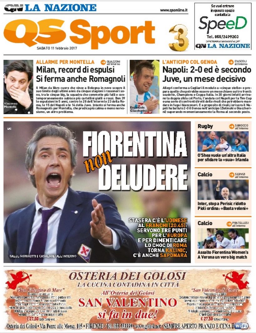 Quotidiani: le prime pagine di Qs, Stadio, Gazzetta, Corriere dello Sport, Tuttosport