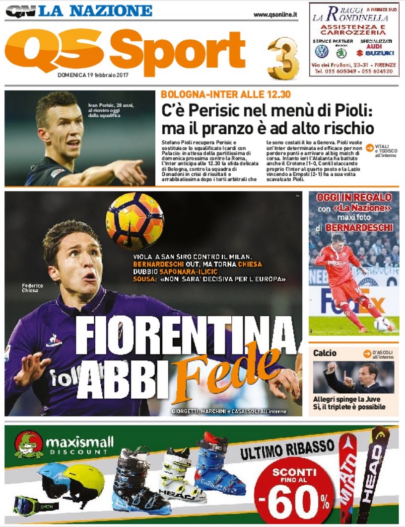 Quotidiani: la prima pagina di Qs, Stadio, Gazzetta, Corriere dello Sport, Tuttosport