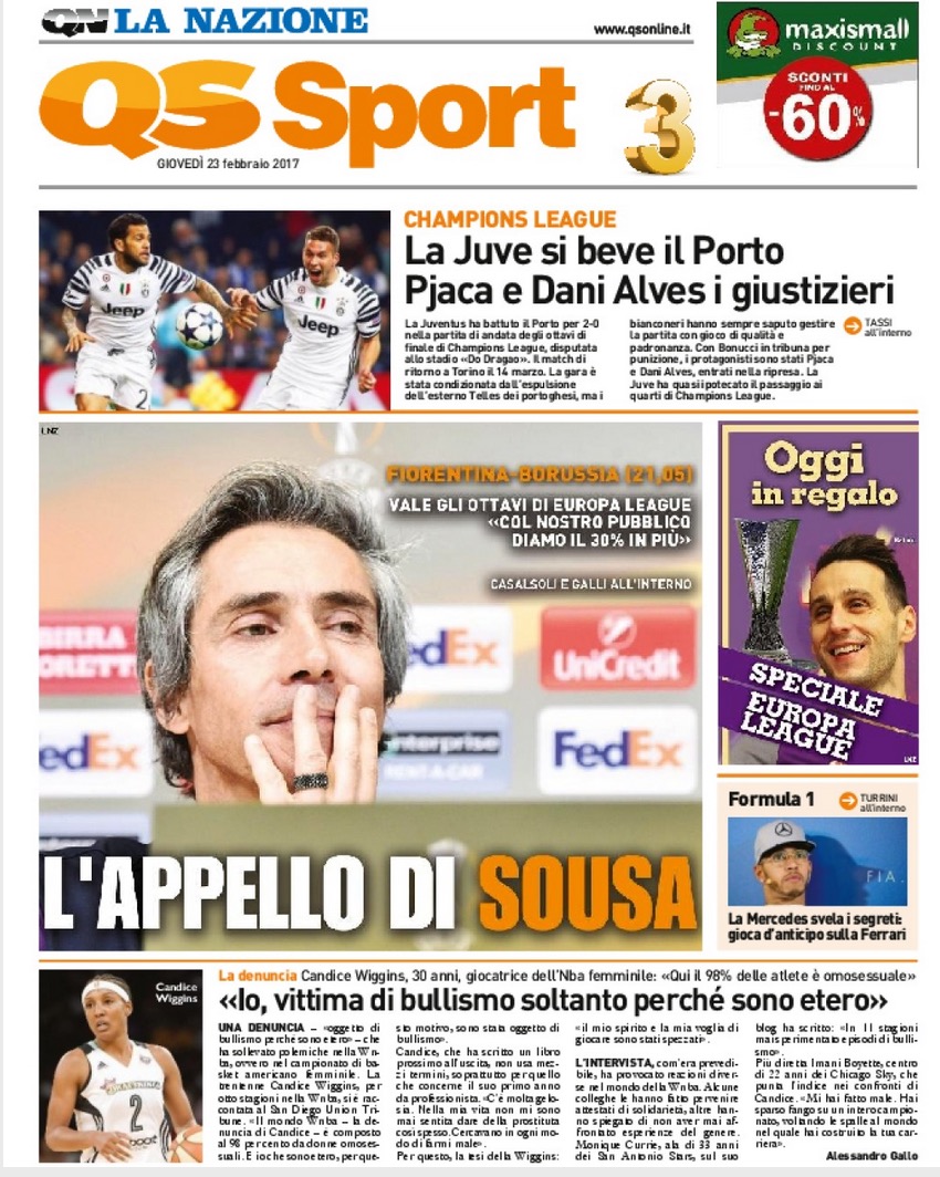 Quotidiani: la prima pagina di Qs, Stadio, Gazzetta, Corriere dello Sport, Tuttosport