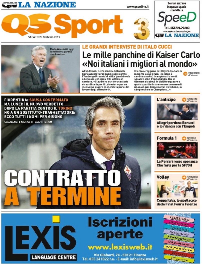 Quotidiani: la prima pagina di Qs, Stadio, Gazzetta, Corriere dello Sport, Tuttosport
