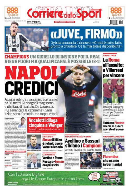 Quotidiani: la prima pagina di Qs, Stadio, Gazzetta, Corriere dello Sport, Tuttosport