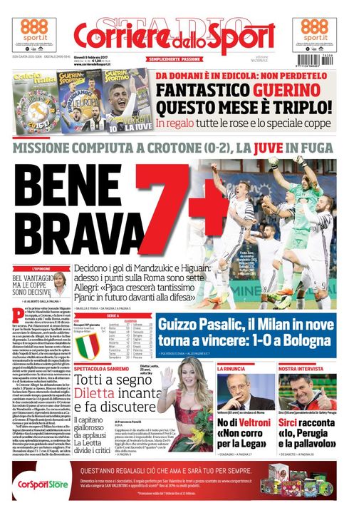 Quotidiani: le prime pagine di Qs, Stadio, Gazzetta, Corriere dello Sport, Tuttosport