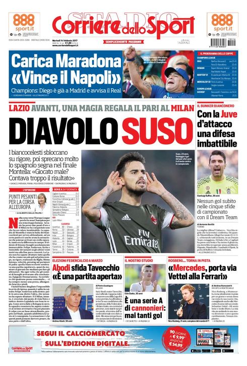 Quotidiani: la prima pagina di Qs, Stadio, Gazzetta, Corriere dello Sport, Tuttosport