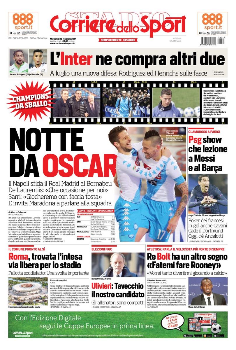 Quotidiani: la prima pagina di Qs, Stadio, Gazzetta, Corriere dello Sport, Tuttosport