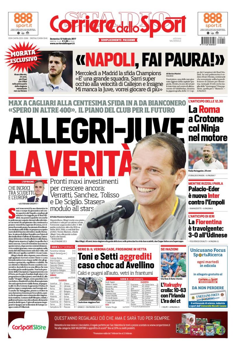 Quotidiani: le prime pagine di Qs, Stadio, Gazzetta, Corriere dello Sport, Tuttosport