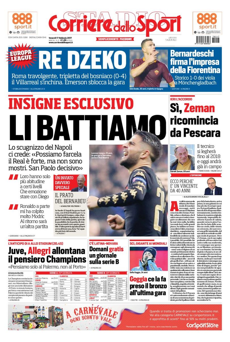 Quotidiani: la prima pagina di Qs, Stadio, Gazzetta, Corriere dello Sport, Tuttosport