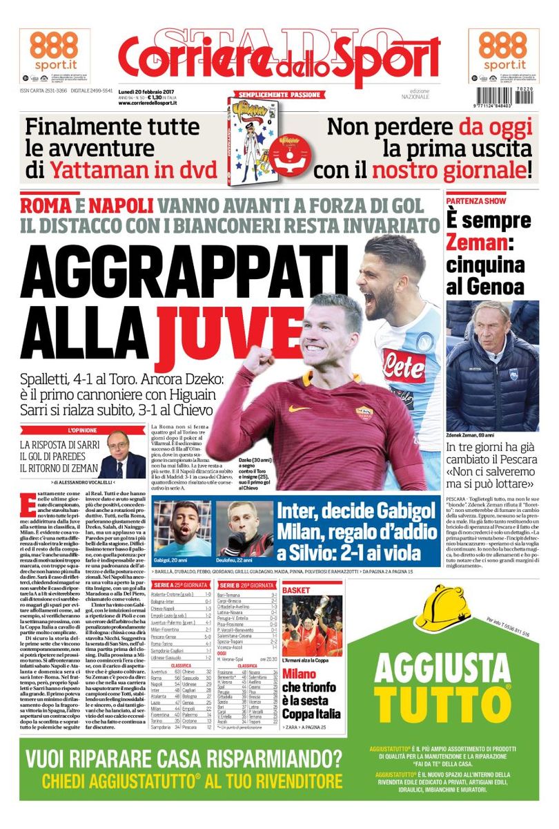 Quotidiani: la prima pagina di Qs, Stadio, Gazzetta, Corriere dello Sport, Tuttosport