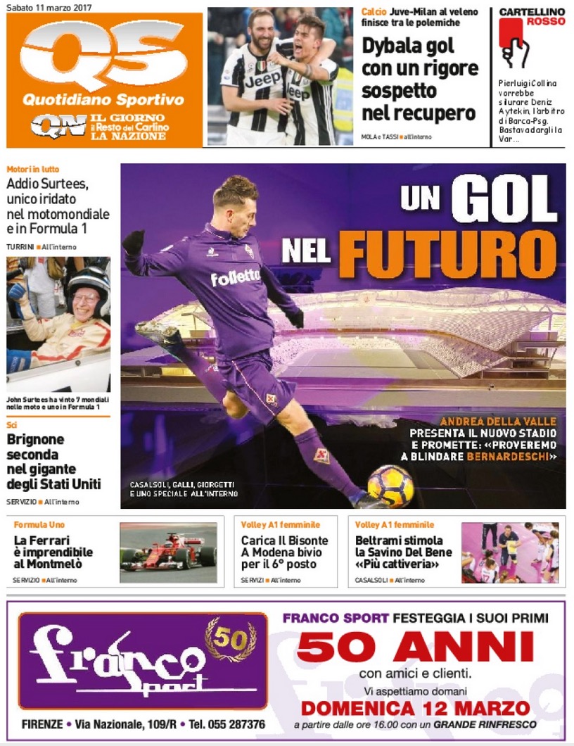 Quotidiani: la prima pagina di Qs, Stadio, Gazzetta, Corriere dello Sport, Tuttosport