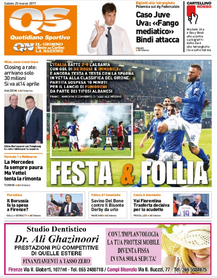 Quotidiani: la prima pagina di Qs, Stadio, Gazzetta, Corriere dello Sport, Tuttosport
