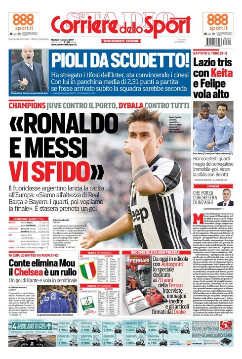 Quotidiani: la prima pagina di Qs, Stadio, Gazzetta, Corriere dello Sport, Tuttosport