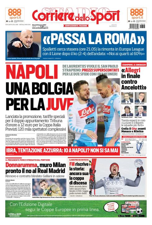 Quotidiani: la prima pagina di Qs, Stadio, Gazzetta, Corriere dello Sport, Tuttosport