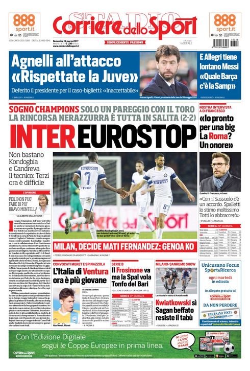 Quotidiani: la prima pagina di Qs, Stadio, Gazzetta, Corriere dello Sport, Tuttosport