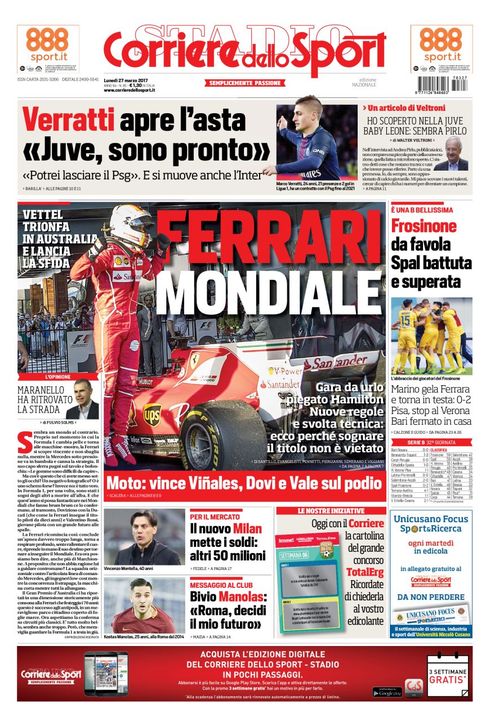 Quotidiani: la prima pagina di Qs, Stadio, Gazzetta, Corriere dello Sport, Tuttosport