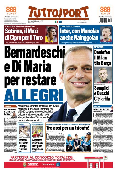 Quotidiani: la prima pagina di Qs, Stadio, Gazzetta, Corriere dello Sport, Tuttosport