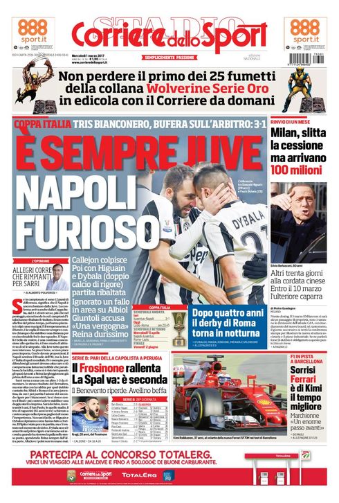 Quotidiani: la prima pagina di Qs, Stadio, Gazzetta, Corriere dello Sport, Tuttosport