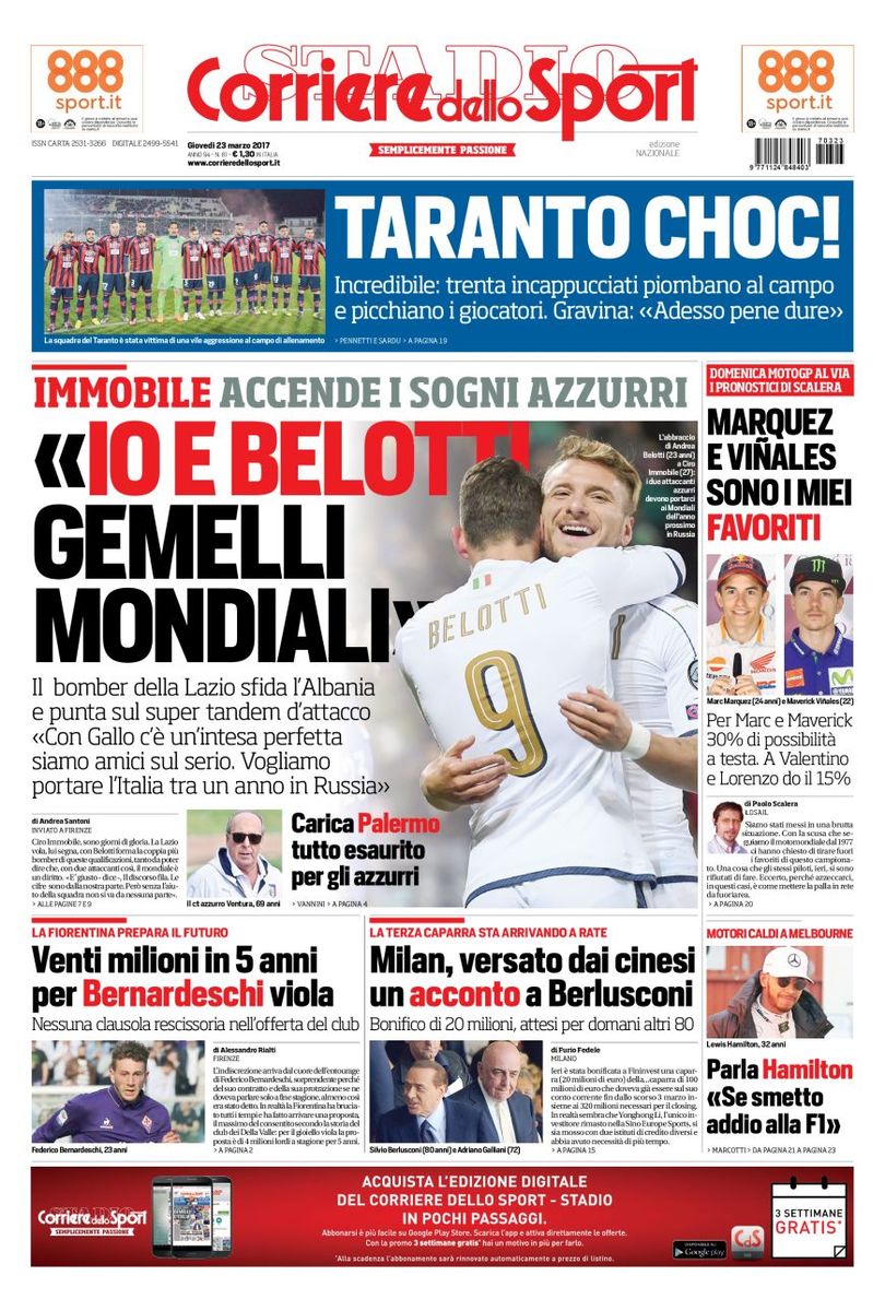 Quotidiani: la prima pagina di Qs, Stadio, Gazzetta, Corriere dello Sport, Tuttosport