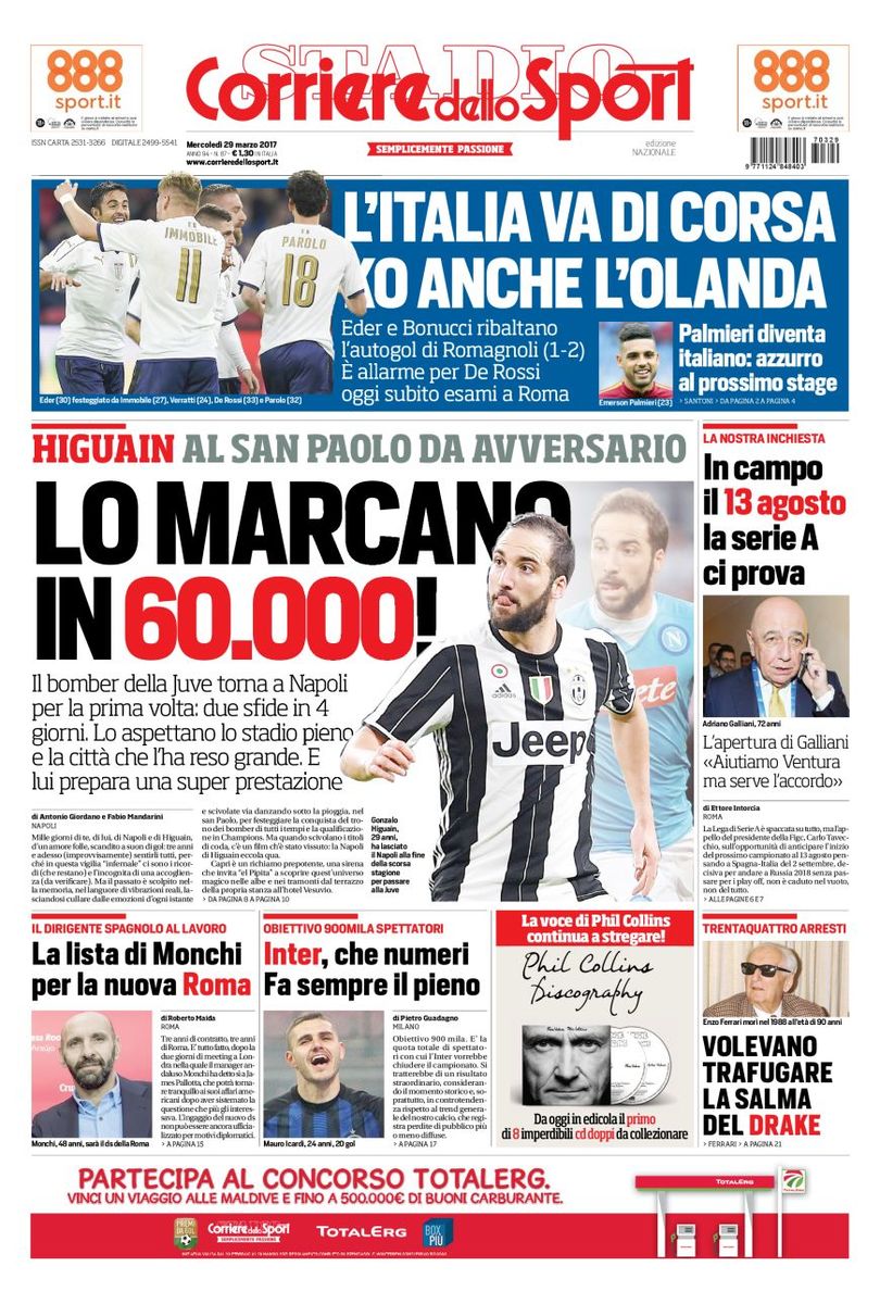 Quotidiani: la prima pagina di Qs, Stadio, Gazzetta, Corriere dello Sport, Tuttosport