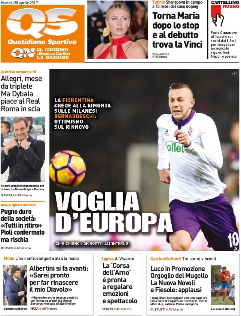Quotidiani: la prima pagina di Qs, Stadio, Gazzetta, Corriere dello Sport, Tuttosport
