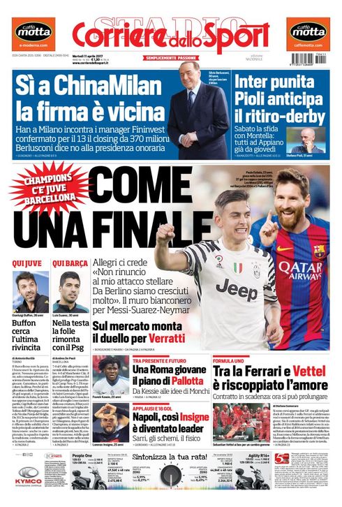 Quotidiani: la prima pagina di Qs, Stadio, Gazzetta, Corriere dello Sport, Tuttosport