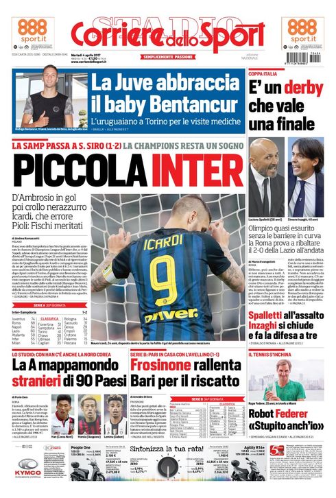 Quotidiani: la prima pagina di Qs, Stadio, Gazzetta, Corriere dello Sport, Tuttosport