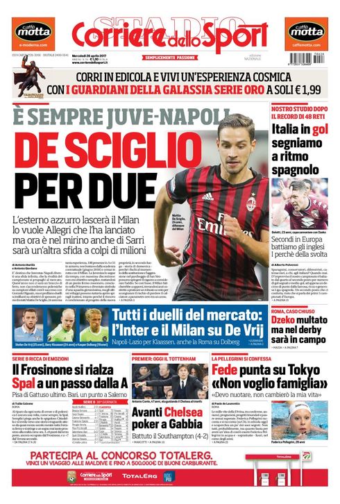 Quotidiani: la prima pagina di Qs, Stadio, Gazzetta, Corriere dello Sport, Tuttosport