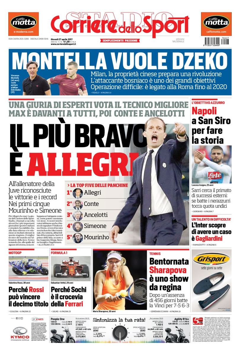 Quotidiani: la prima pagina di Qs, Stadio, Gazzetta, Corriere dello Sport, Tuttosport