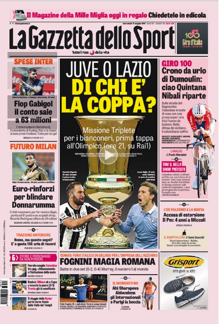 Quotidiani: la prima pagina di Qs, Stadio, Gazzetta, Corriere dello Sport, Tuttosport