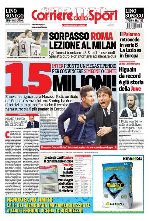 Quotidiani: la prima pagina di Qs, Stadio, Gazzetta, Corriere dello Sport, Tuttosport
