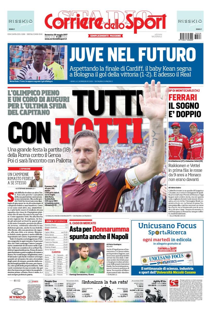 Quotidiani: la prima pagina di Qs, Stadio, Gazzetta, Corriere dello Sport, Tuttosport
