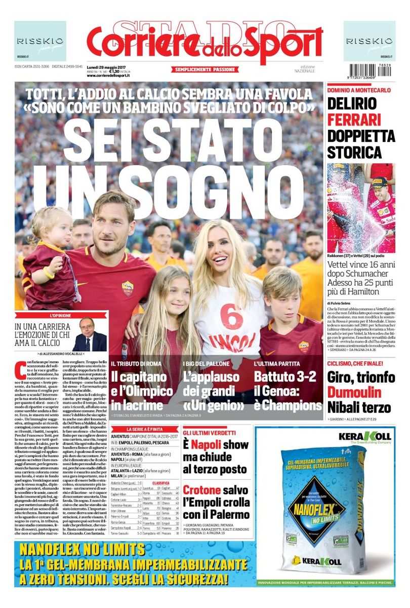 Quotidiani: la prima pagina di Qs, Stadio, Gazzetta, Corriere dello Sport, Tuttosport