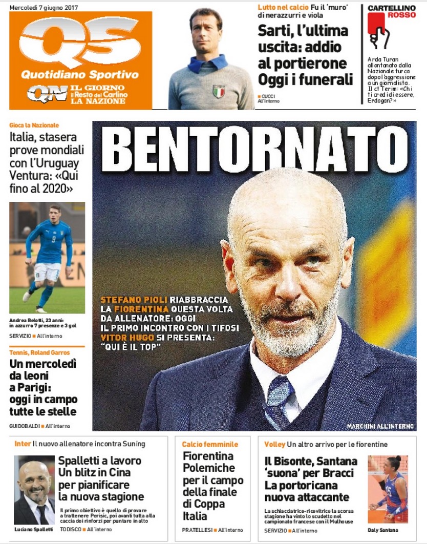 Quotidiani: la prima pagina di Qs, Stadio, Gazzetta, Corriere dello Sport, Tuttosport