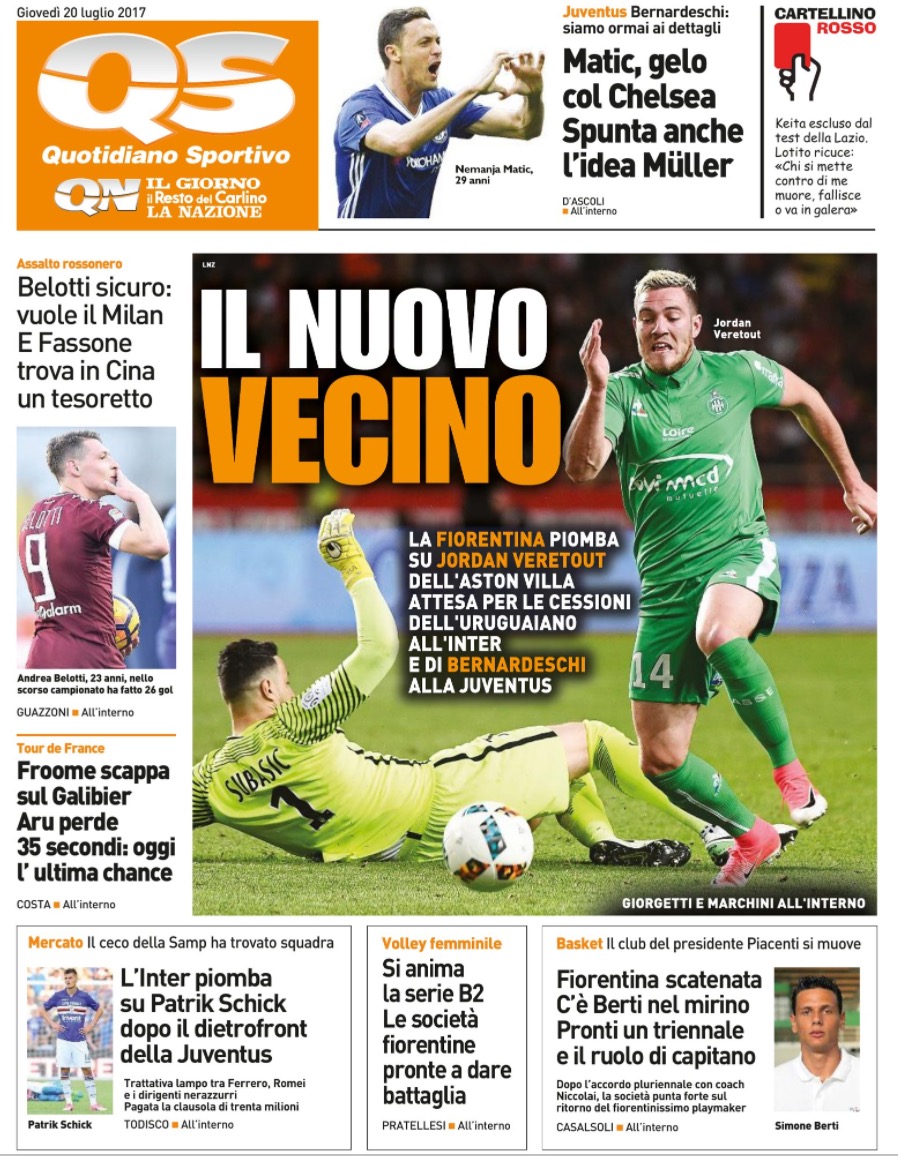 Quotidiani: la prima pagina di Qs, Stadio, Gazzetta, Corriere dello Sport, Tuttosport