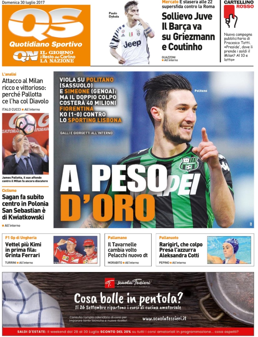 Quotidiani: la prima pagina di Qs, Stadio, Gazzetta, Corriere dello Sport, Tuttosport