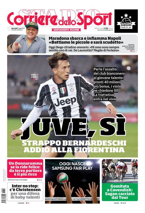 Quotidiani: la prima pagina di Qs, Stadio, Gazzetta, Corriere dello Sport, Tuttosport