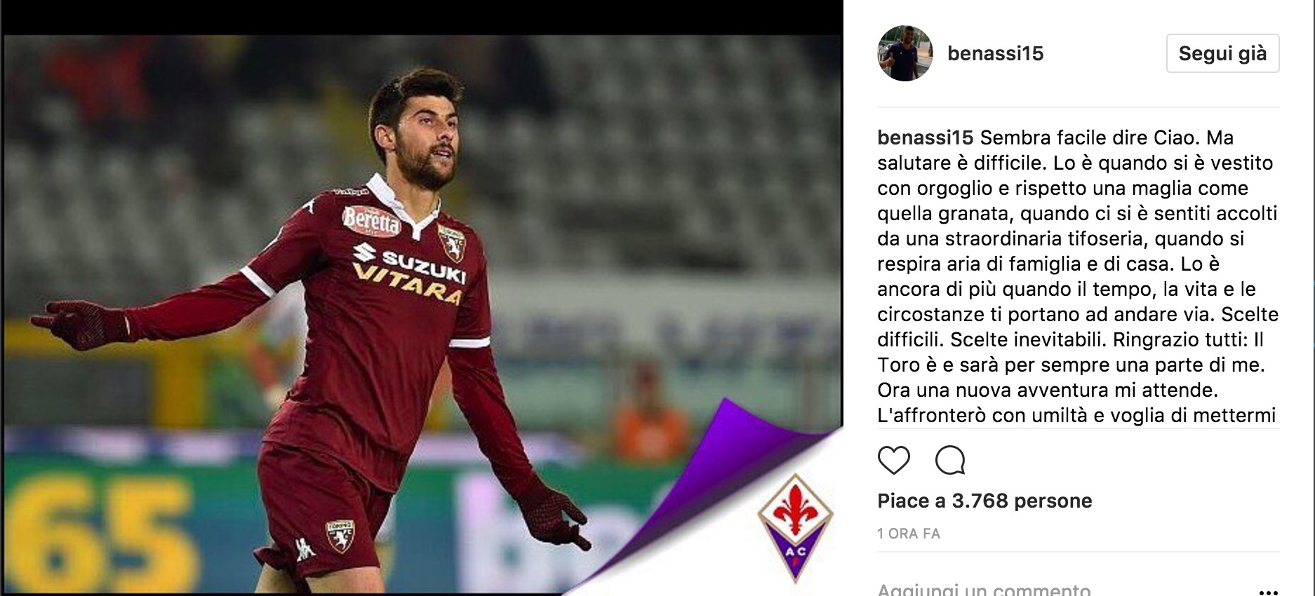 Benassi saluta il Toro: "Scelte difficili. Scelte inevitabili. Onorato di giocare nella Fiorentina"