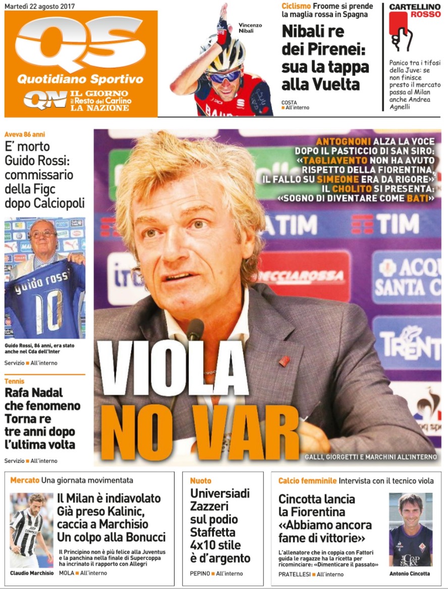 Quotidiani: la prima pagina di Qs, Stadio, Gazzetta, Corriere dello Sport, Tuttosport
