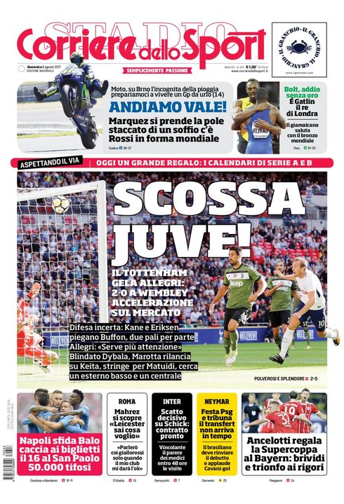 Quotidiani: la prima pagina di Qs, Stadio, Gazzetta, Corriere dello Sport, Tuttosport