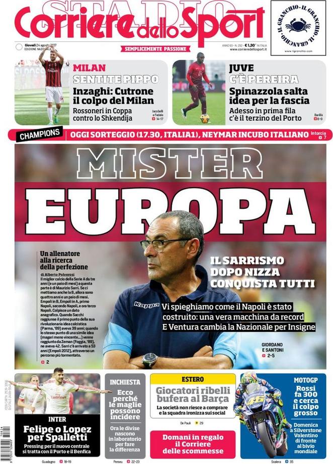 Quotidiani: la prima pagina di Qs, Stadio, Gazzetta, Corriere dello Sport, Tuttosport