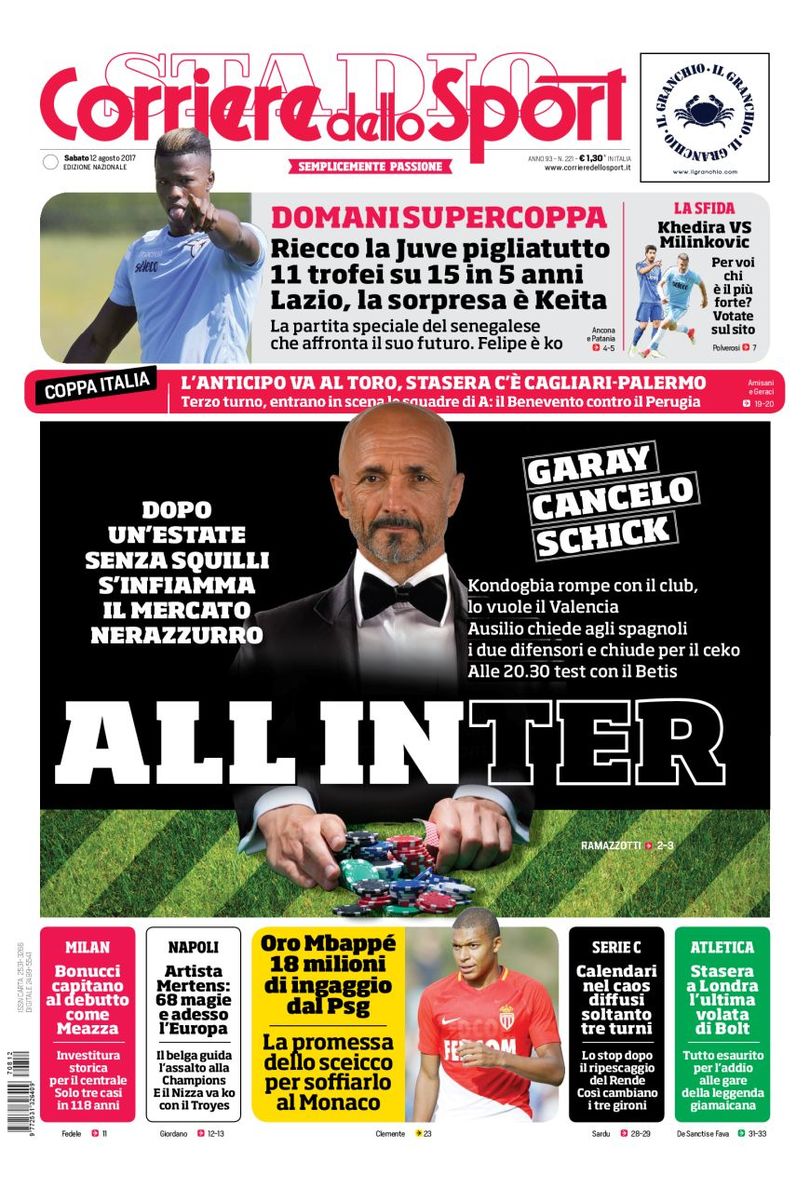 Quotidiani: la prima pagina di Qs, Stadio, Gazzetta, Corriere dello Sport, Tuttosport