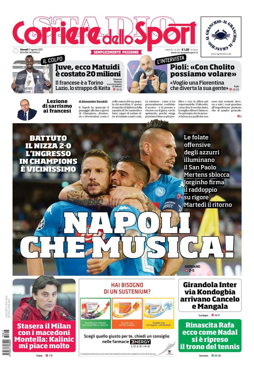 Quotidiani: la prima pagina di Qs, Stadio, Gazzetta, Corriere dello Sport, Tuttosport