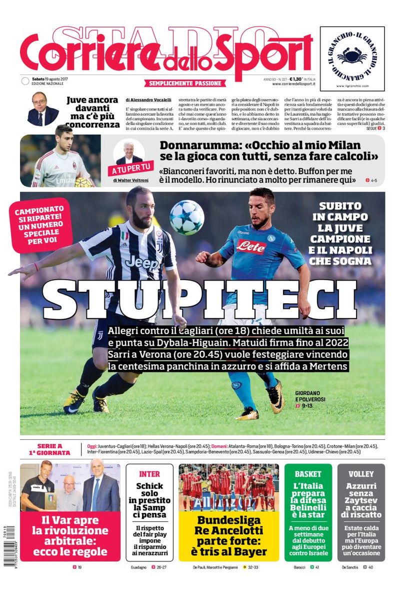 Quotidiani: la prima pagina di Qs, Stadio, Gazzetta, Corriere dello Sport, Tuttosport