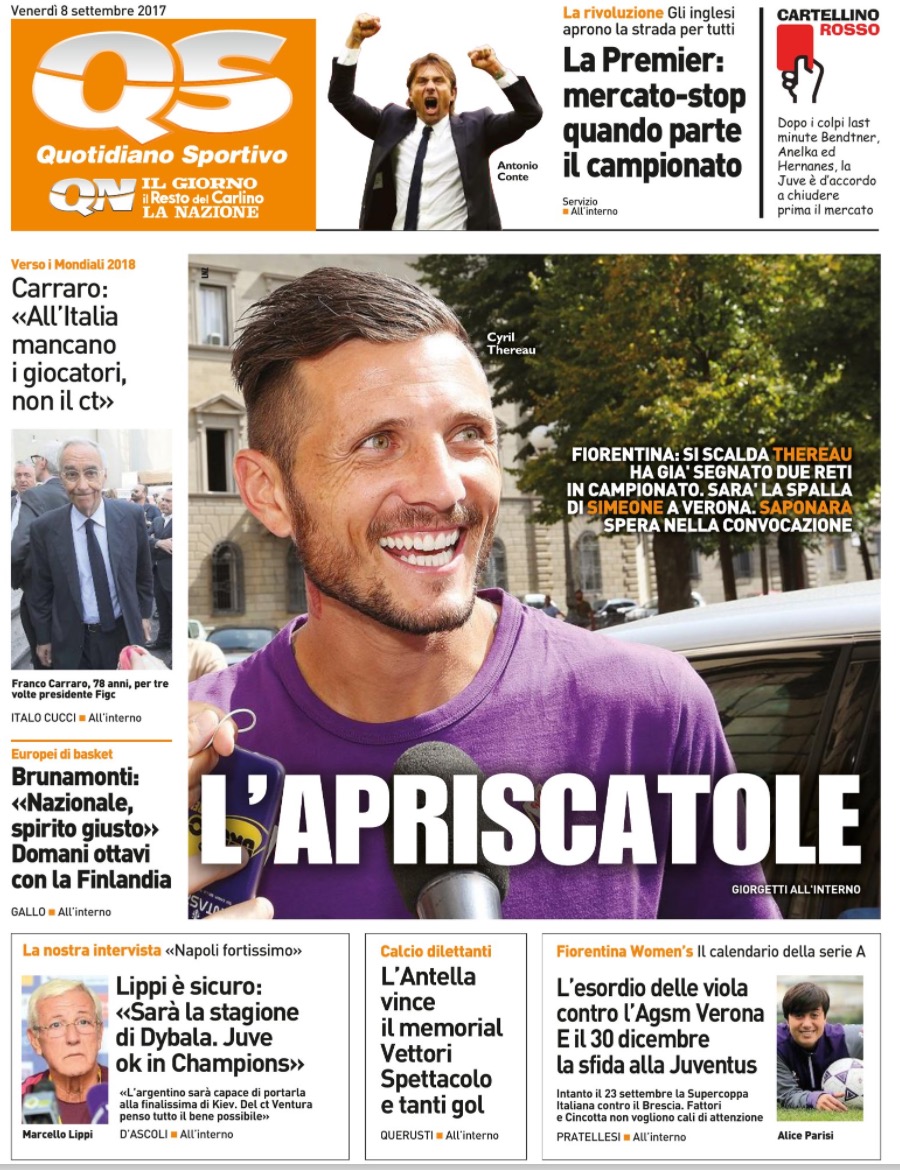 Quotidiani: la prima pagina di Qs, Stadio, Gazzetta, Corriere dello Sport, Tuttosport